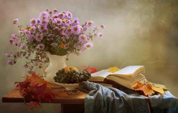 Autumn, leaves, bouquet, grapes, book, still life, asters