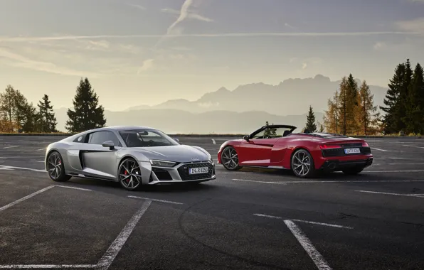 Sunset, mountains, Audi, the evening, pair, Parking, Audi R8, Coupe