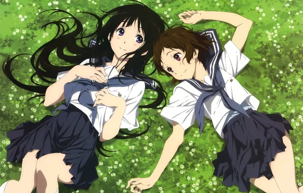 Grass, art, Anime, Heck, 2 girls