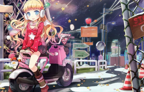 Look, girl, snow, smile, motorcycle, art, city lights, egg hitoshi