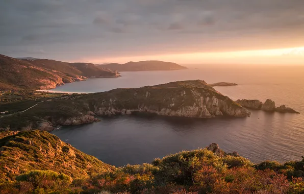 Sea, rocks, dawn, coast, France, horizon, Corsica
