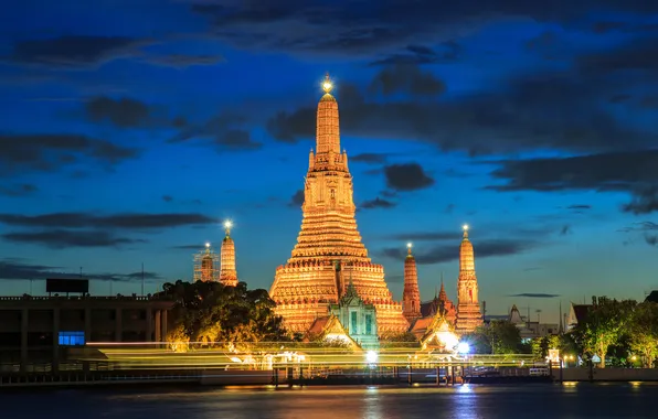 Picture night, lights, river, Thailand, tower, Palace, Bangkok