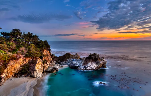 Trees, sunset, the ocean, coast, waterfall, Pacific Ocean, California, cloud.