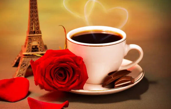 Love, flowers, coffee, roses, red rose, valentine's day, eiffel tower