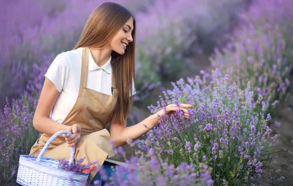 Field, summer, girl, flowers, pose, smile, bouquet, hands
