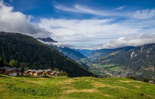 Forest, mountains, Alps, houses