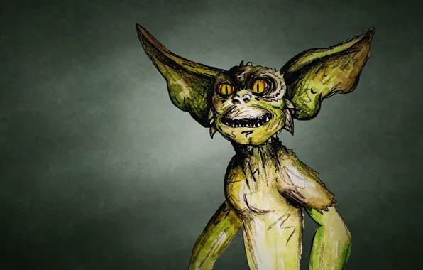 Picture Mohawk, eared, a mythical creature, toothy, dark background, greenish, Gremlin, Gremlin