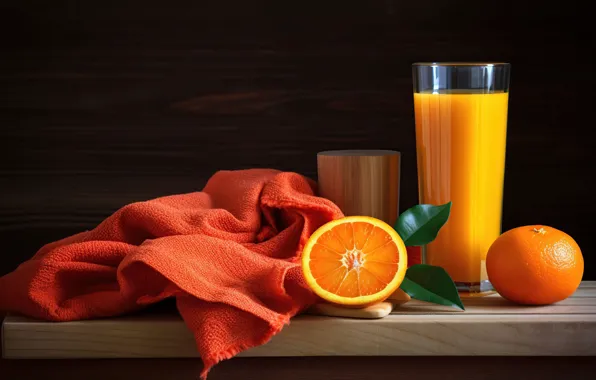 Glass, table, Board, towel, oranges, juice, orange juice, AI art