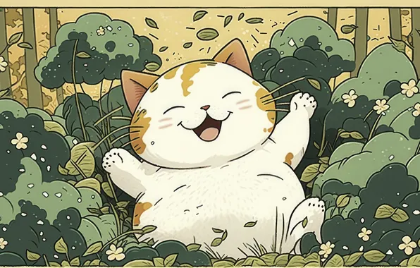 Cat, cat, leaves, joy, nature, pose, smile, figure