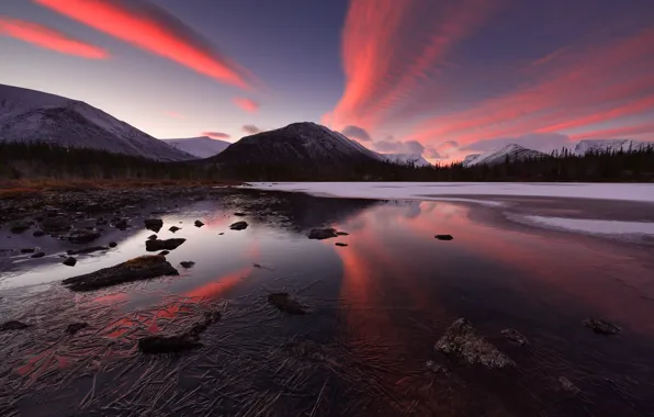 Water, clouds, sunset, nature, Mountains, Khibiny, Maxim Evdokimov