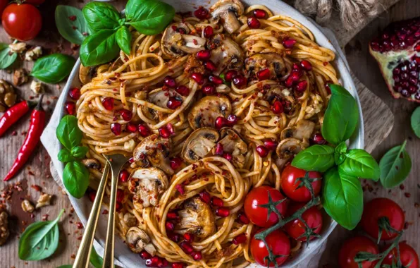 Greens, pepper, tomatoes, sauce, garnet, pasta, Basil