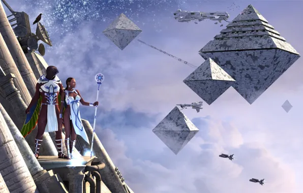 The sky, clouds, people, bird, stars, wing, pyramid, spaceship