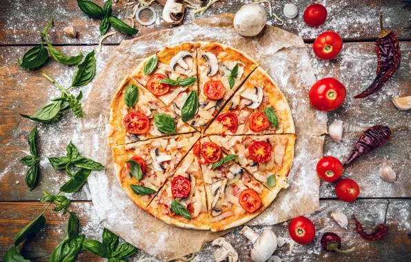 Mushrooms, Board, pieces, pepper, pizza, tomatoes, flour, mushrooms