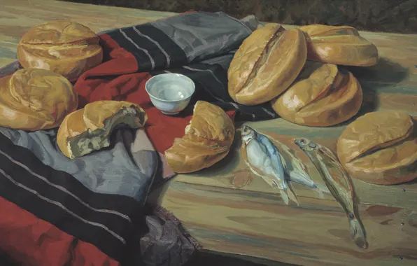 Table, fish, fabric, MATORIN Victor, kisochka, seven loaves