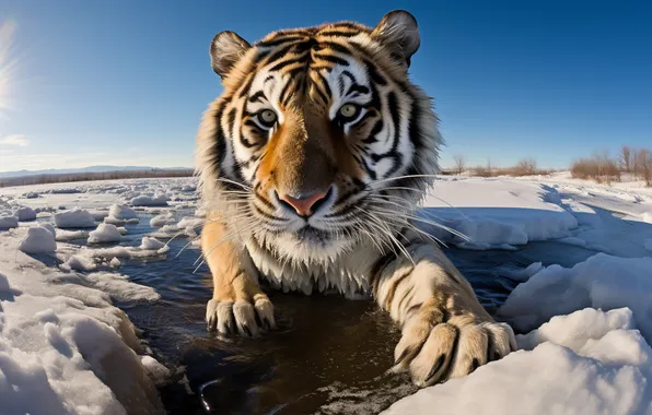 Winter, Look, Tiger, Snow, Face, Predator, Digital art, Big cat