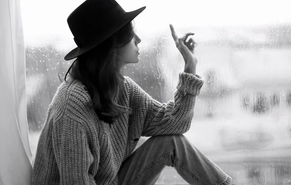 Picture room, look, black and white, pose, Alexander Aksenteva, window, rain, girl