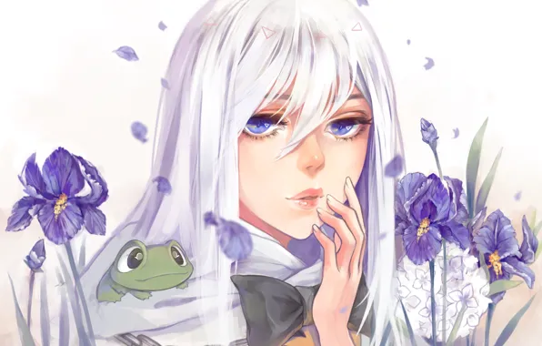Face, hand, frog, petals, chain, girl, white background, blue eyes