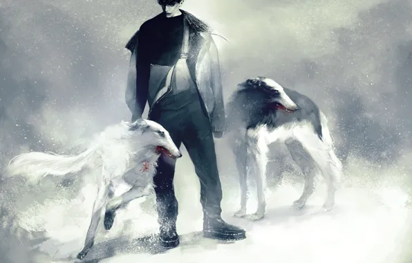 Winter, dogs, snow, anime, art, guy, Russia, Ivan Braginsky