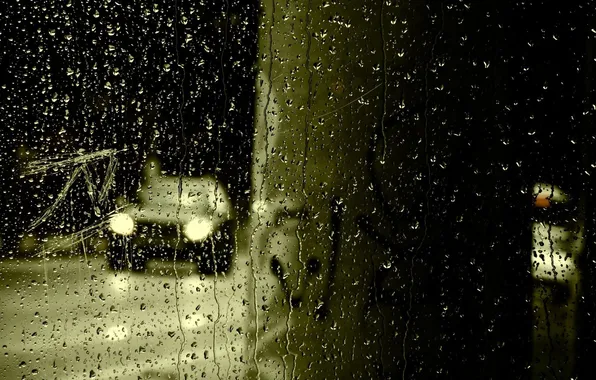 Picture glass, macro, photo, rain, street, car