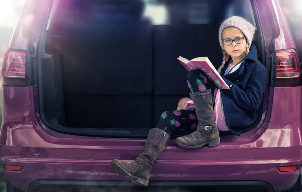Picture auto, glasses, girl, book, cap, Be careful if she's reading