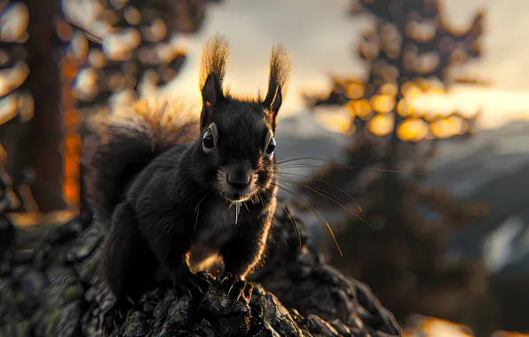 Picture Nature, Trees, Dawn, Protein, Muzzle, Animal, Digital art, Rodent