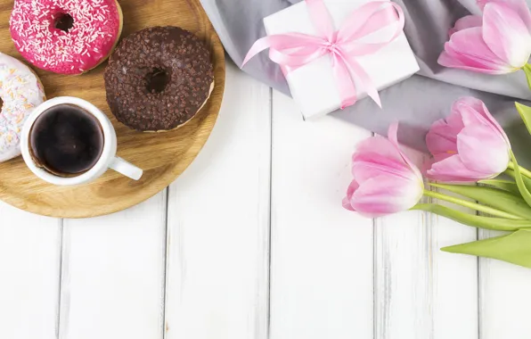 Flowers, gift, coffee, bouquet, tulips, donuts, pink, wood