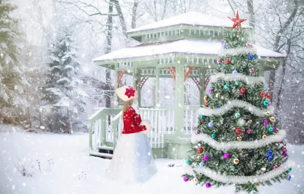 Picture winter, snow, decoration, tree, girl, New year, Christmas, New Year