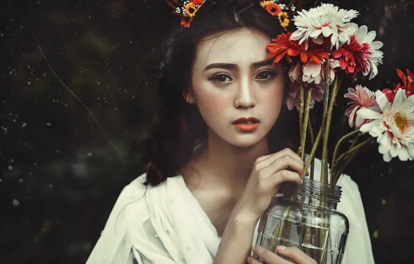 Look, girl, flowers, face, background, mood, bouquet, makeup
