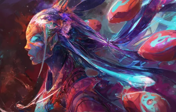 Girl, balloons, movement, girl, Digital Art, balloons, movement, glowing eyes