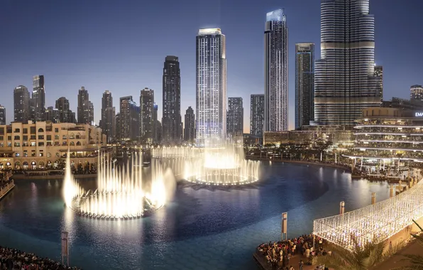 Skyscrapers, Dubai, fountains, UAE