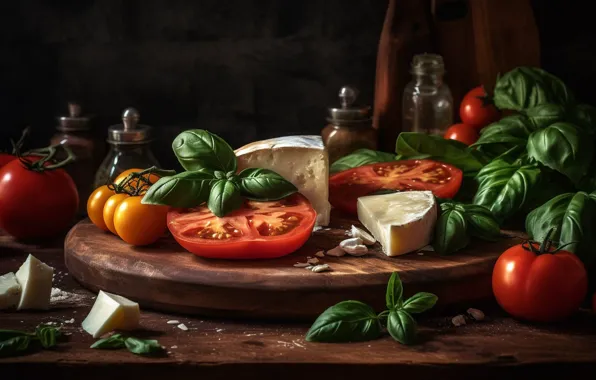Table, food, cheese, jars, tomatoes, dish, spices, digital art