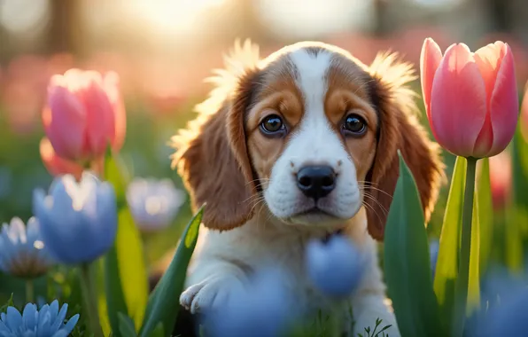 Look, light, flowers, pose, portrait, dog, spring, blue