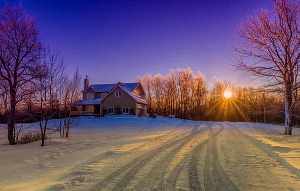 The sun, snow, trees, landscape, house, Canada, New Brunswick, New Brunswick