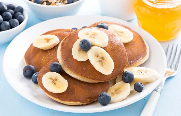 Banana, blueberries, pancakes, pancake