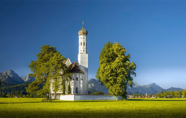 Trees, mountains, Germany, Bayern, Alps, Church, Germany, Bavaria