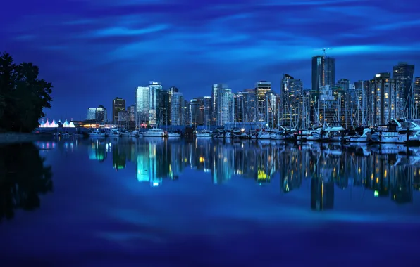 Picture reflection, building, yachts, port, Canada, Bay, Vancouver, Canada