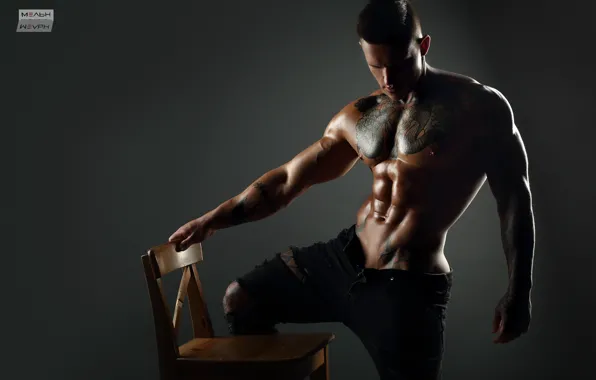 Pose, background, model, jeans, figure, tattoo, chair, guy