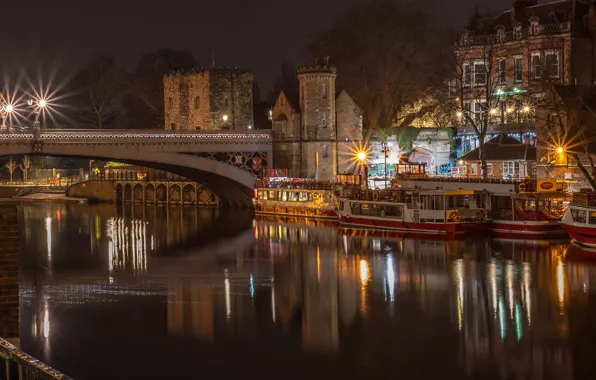 Picture night, bridge, lights, river, England, home, boat, lights