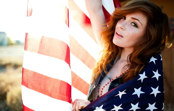 Girl, flag, freckles, red, USA. America