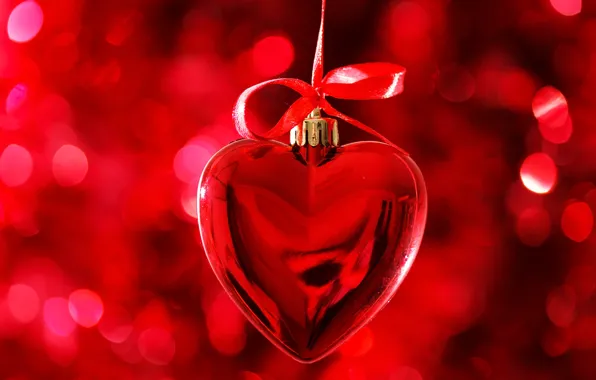 Red, glare, background, toy, heart, Valentine's day, ribbon, bokeh