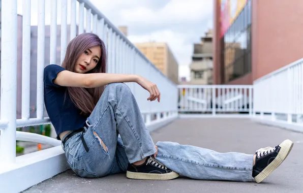 Girl, jeans, t-shirt, Asian, bokeh
