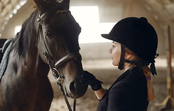 Look, girl, light, pose, horse, horse, hand, portrait