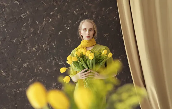 Look, girl, flowers, wall, bouquet, spring, yellow, blonde