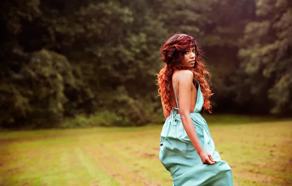 Field, forest, eyes, girl, hair, dress, lips, red hair