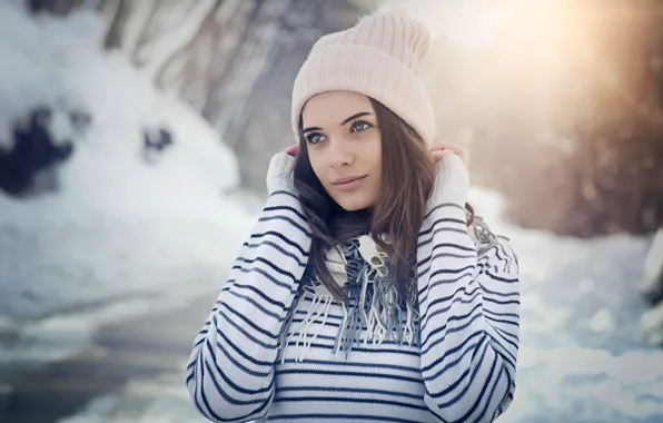 Winter, snow, nature, background, hat, portrait, makeup, scarf