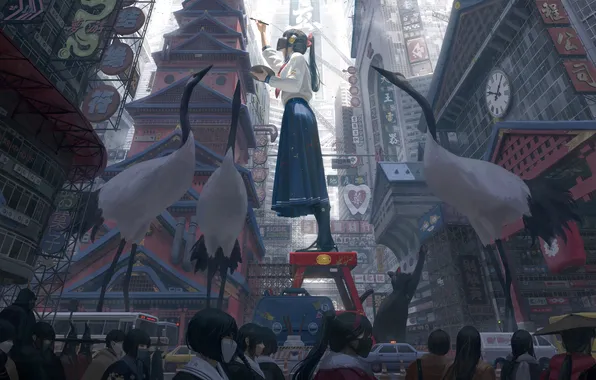 Car, city, girl, fantasy, animals, cat, people, painting