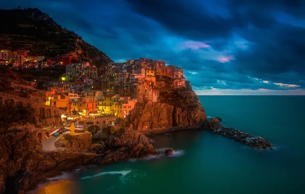 Picture sea, night, lights, rocks, home, Italy, Manarola