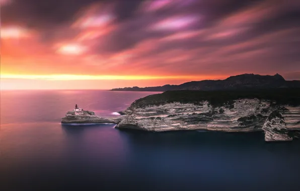 Sea, clouds, sunset, rocks, shore, lighthouse, dal, the evening