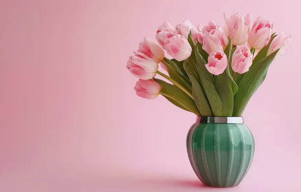 Flowers, holiday, bouquet, spring, tulips, vase, pink, pink background