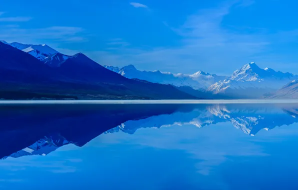 The sky, mountains, reflection, New Zealand, South island, Lake Pukaki, lake Pukaki